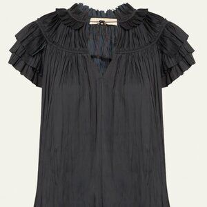 NEW Ulla Johnson Liv Pleated Tiered-Sleeve Top, Black Noir, Size 2